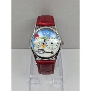 WYL Snowman Christmas Quartz Watch Red Leather Strap Novelty New Battery USA 3D